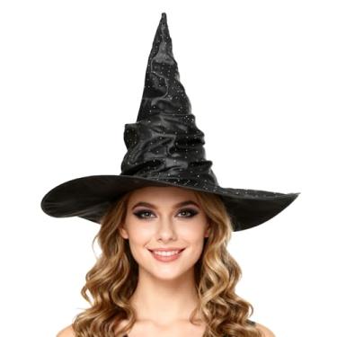Imagem de JEGERMIG Chapéu feminino de bruxa de Halloween, estampa brilhante de aba larga franzida, acessório de fantasia de festa de máscaras, Marrom, tamanho �nico