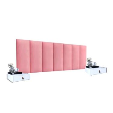 Imagem de 2 Mesas De Cabeceira Mdf + Cabeceira 1,60 Rosa Para Cama Queen Modular Com Adesivo (Branco - Rosa)