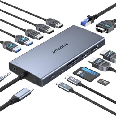 Imagem de ZMUIPNG Estação de ancoragem USB C, monitor duplo, 15 em 1, estação de ancoragem para laptop, tela tripla, hub USB C, dongle com adaptador múltiplo HDMI 4K + VGA + porta USB + botão + PD+Ethernet para