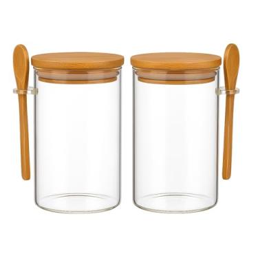 Imagem de Kit 2 Potes 380ml de Vidro Borossilicato com Tampa Hermética e Colher de Bambu Recipientes para Temperos Açúcar Café Sal e Grãos Conjunto Tampa com Vedação de Silicone Linha Premium
