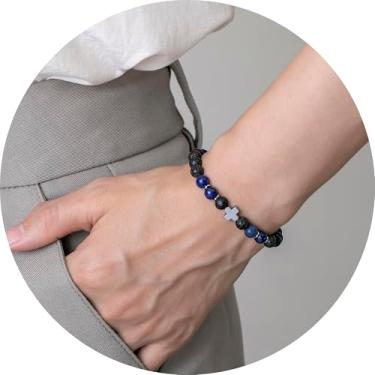 Imagem de Pulseira de contas para homens e mulheres, pulseira elástica com detalhes cruzados, contas empilháveis, joias unissex para uso diário, 19.5cm, Miçanga, Sem Pedra Preciosa