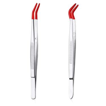 Imagem de 2 peças de pinças dobradas com pontas de borracha, pinça de ponta plana curva de aço inoxidável com aderência angular adesivo de carimbo de pedra antiderrapante longa ferramenta para artesanato de