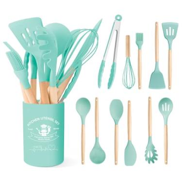 Imagem de Conjunto de utensílios de cozinha de silicone com cabo de madeira para cozinhar panelas antiaderentes de silicone resistente ao calor livre de BPA (verde escuro)