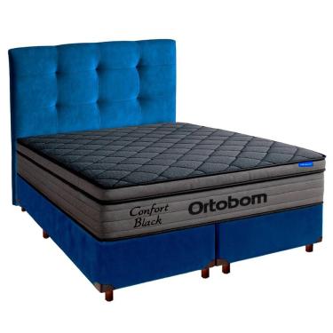 Imagem de Cama Box Azul+cabeceira+colchão Casal Confort Black Ortobom