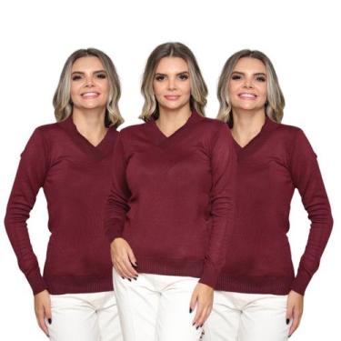 Imagem de Kit 3 Blusas Feminina Sueter Tricô Macio Gola V Manga Longa Inverno - 