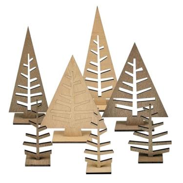 Imagem de Cinrobiye 8 peças de decorações de mesa de Natal, árvore de Natal clássica de madeira natural, centros de mesa, árvores de natal rústicas, casa de fazenda, para lareira de cornija, decoração de festa