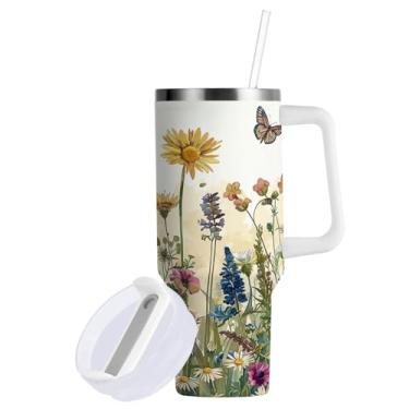 Imagem de Blueangle Copo de campo de flores silvestres de 850 g com alça e tampa de palha, copo isolado reutilizável de aço inoxidável garrafa de água caneca de viagem (273)