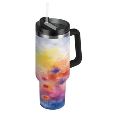 Imagem de ATTX Copo de pintura de flores coloridas de 1,134 g com alça, copo de aço inoxidável a vácuo de parede dupla com palha, caneca de café de viagem isolada #218