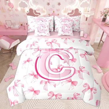 Imagem de jejeloiu Jogo de cama infantil casal com laço rosa fofo com laço coquete, nó de coquete, 7 peças, cama personalizada em uma bolsa com edredom, lençóis, fronhas, monograma moderno