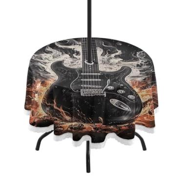 Imagem de ATTX Toalha de mesa redonda preta para guitarra elétrica ao ar livre – 152 cm, impermeável, à prova de derramamento, uso interno/externo, com orifício para guarda-chuva com zíper para acampamento