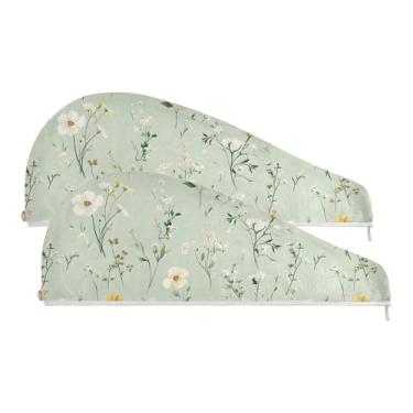 Imagem de SEHANY Toalha de cabelo de microfibra elegante flores verdes para mulheres 2 peças turbantes de cabelo de secagem rápida com botão, touca de cabelo seco absorvente toalha de secagem de cabelo para