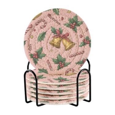 Imagem de ATTX Pacote com 6 porta-copos absorventes de algodão para sinos de Natal com suporte para decoração de casa de mesa de centro #280