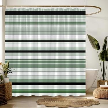 Imagem de ZNLSU Cortina de chuveiro listrada verde sálvia preta branca moderna listras geométricas abstratas moda estética meados do século 177.8 cm WX70 H cortina de tecido para decoração de banheiro com