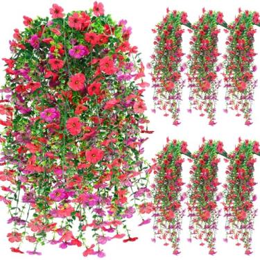 Imagem de FineCheer 6 peças de flores artificiais para pendurar ao ar livre de seda sintética mãe decoração de planta violeta com eucalipto realista resistente a UV trepadeira primavera pátio de varanda (cor
