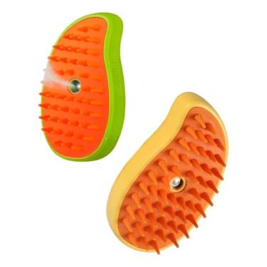 Imagem de Escova Removedora de Pelos a Vapor para Cães e Gatos, Verde e Laranja, ABS e Silicone, Recarregável USB, com Compartimento para Shampoo, 23x8x9cm