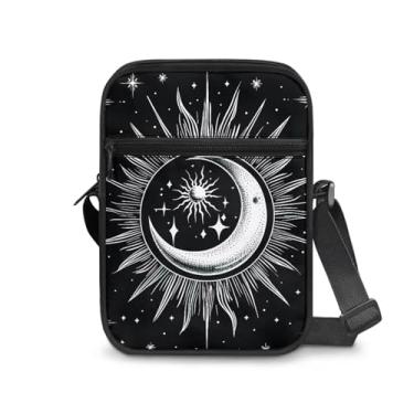 Imagem de CLOHOMIN Bolsa mensageiro para mulheres pequena bolsa tiracolo masculina bolsa tiracolo para chave óculos organizadores de cartões de crédito presentes de férias, Sol e lua, preto