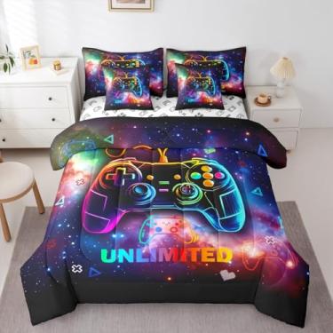 Imagem de Feelyou Jogo de cama infantil casal, jogo de cama para jogos de galáxia, moderno, console de jogos, conjunto de edredom com lençol para meninos e meninas, 7 peças