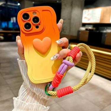 Imagem de Capa com estampa de ondas degradê e coração para iPhone 16 Pro Max, 15 Pro, 14 Plus, 13 Pro Max, 12, 16, 11, XS, X, XR, com alça de pulso, laranja e amarelo, para iPhone 11.