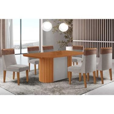 Imagem de Mesa Cozinha Pilar c/ Tampo Madeirado Canto Curvo 180x90cm e 6 Cadeiras Jaspe Madeira Maciça Naturale/Off White - Capuccino/Suede Capuccino-Rufato