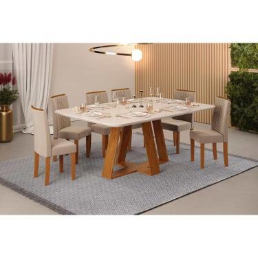 Imagem de Conjunto: Mesa Sala Jantar Celeste c/ Tampo Madeirado c/ Vidro Retangular 160x90cm e 6 Cadeiras Zoe Freijo/Off White - Suede Creme - DJ Móveis