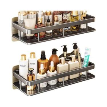 Imagem de Prateleira De Canto Retangular De Alumínio Preto Para Banheiro Com Ven