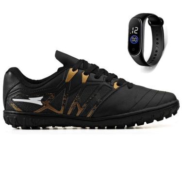 Imagem de Kit Chuteira Futebol Campo Society Grama Sintetica Bico em Couro Reforçado + Relogio Adulto-Unissex