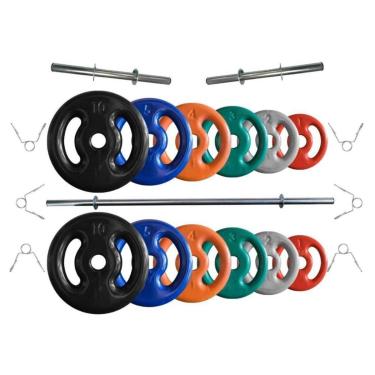 Imagem de Kit de Anilhas Emborrachadas 50 Kg + 02 Barras de 40cm + 01 Barra de 150cm-Unissex