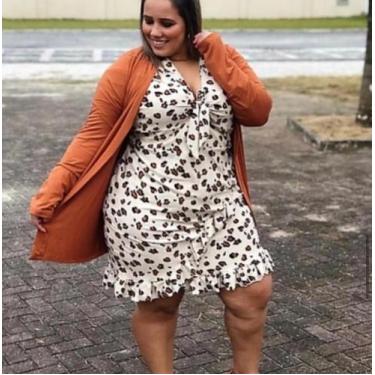 Imagem de Vestido Midi Babado Manga Longa Oncinha Plus Size - Bella Mulher, Bege