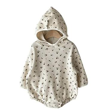 Imagem de Macaquinho de manga comprida com capuz para bebês recém-nascidos e estampa floral de algodão canelado para meninos (bege, 0 a 6 meses)