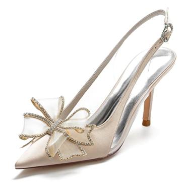 Imagem de Bombas Slingback femininas 8,5 cm salto alto de casamento bico fino sapatos de quadra vestido de festa de trabalho nó de formatura, Champanhe, 7.5