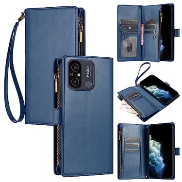 Imagem de Tampa do caso do telefone celular Capa carteira 2 em 1 compatível com Xiaomi Redmi 11A／12C capa com capa magnética [compartimentos para cartão] [alça de pulso] [alça tiracolo destacável] (Color : Blu