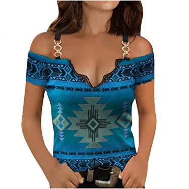 Imagem de Feminino sexo renda profunda decote em v estampado metal cami tops camisa de manga curta Camiseta Camisola Túnicas Casual Top estampada decote Étnico Tribal Geométrico Asteca Ocidental M76-Azul Large