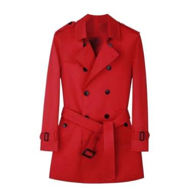 Imagem de USTZFTBCL Casaco masculino trench coat médio e longo trespassado casaco vermelho personalizado casaco vermelho masculino, Vermelho, G