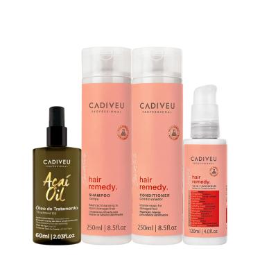 Imagem de KIT CADIVEU ESSENTIALS HAIR REMEDY SHAMPOO CONDICIONADOR LEAVE-IN SéRUM E AçAí OIL 60 (4 PRODUTOS) 