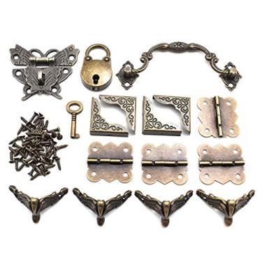 Imagem de Mini cadeado de bronze antigo com fecho de borboleta e protetores de canto retrô com dobradiça borboleta e acessórios de ferragens para caixa de madeira e caixa de joias
