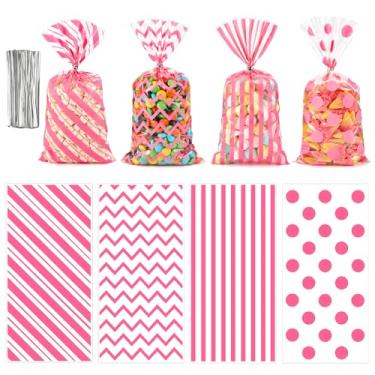 Imagem de Ohuimrt 100 unidades de sacos de guloseimas de celofane rosa, sacos transparentes para lembrancinhas de festa, sacos de presente de plástico com laços para doces, biscoitos, lanches, aniversários,