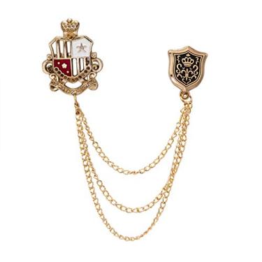 Imagem de A N KINGPiiN Broche de lapela masculino com escudo coroado em vermelho, branco e dourado, estrela e escudo, corrente pendurada, broche para terno, acessórios masculinos, Metal