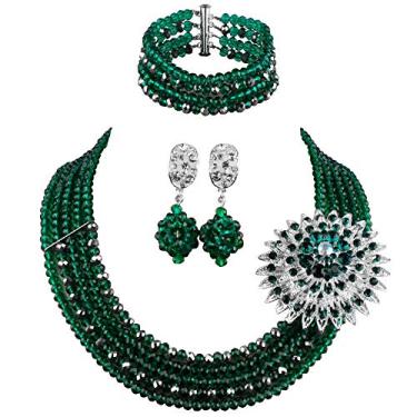 Imagem de Conjunto de joias com miçangas nigerianas aczuv 5 fileiras, colar e brincos de cristal com contas de casamento africanas 18 inches first layer