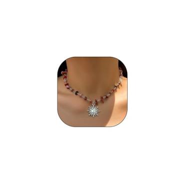 Imagem de Boho Hippie Colar com pingente de sol para mulheres, colar gargantilha delicada com contas de pedra natural para festa de formatura ajustável, acessórios para presentes, Large, Zinco, Liga metálica.