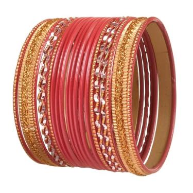 Imagem de Touchstone NOVA Coleção de Pulseiras Coloridas Indianas Bollywood Liga Metal Texturizado Rosa Quente Dourado Designer Especial Tamanho Grande Conjunto de 20. Em Tom Dourado Antigo Para Mulheres, Sem