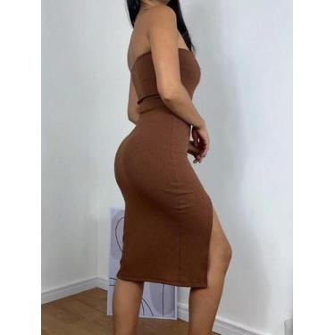 Imagem de Vestido Com Fenda Lateral Midi Anarruga Moda Gringa - CZANS, Marrom