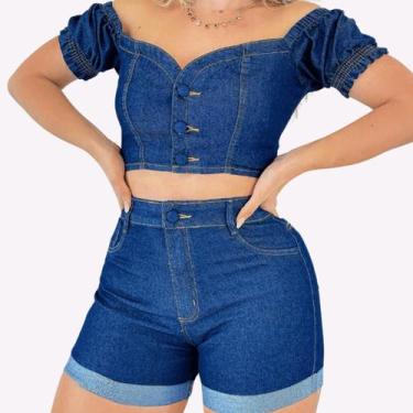 Imagem de Conjunto Jeans Feminino Contém Lycra Tecido Macio Cropped e Short - Af