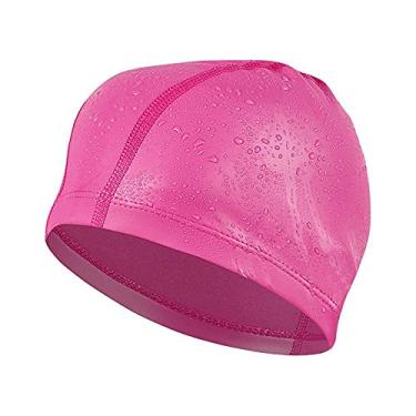 Imagem de SHESHY Touca de natação, boné de natação de fibra de poliuretano de algodão e elastano flexível para homens, mulheres, crianças, adultos (PU-Rosy)