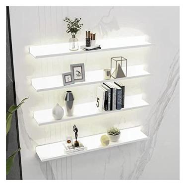 Imagem de Prateleiras flutuantes montadas na parede com luz LED embutida, prateleiras emissoras de luz de metal, prateleira criativa para exibição de parede, defletor antiqueda para bar, sala de estar, banheiro