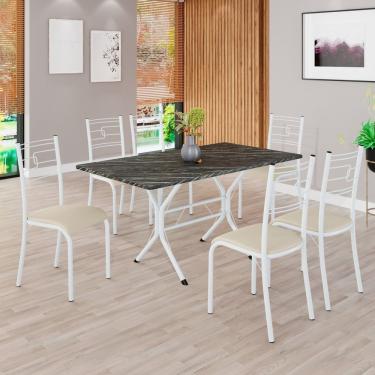 Imagem de Conjunto Sala De Jantar Mesa Retangular 140x75cm Tampo Pedra Ardósia Indiana 6 Cadeiras Paraty Creme - Branco