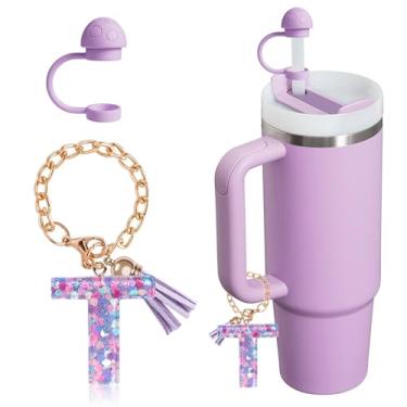 Imagem de HaimiLiya Capa de canudo com corrente de copo com letra inicial para acessórios Stanley Cup, tampa de palha de 10 mm, pingente de copo fofo, roxo