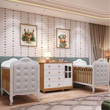 Imagem de Quarto De Bebê Cômoda Com Janelas E 2 Berços Com Capitonê Maya Clássico 100% Mdf Espresso Móveis Branco