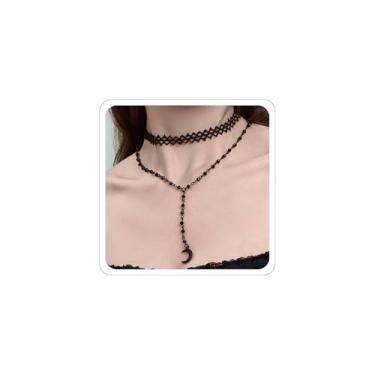 Imagem de ANGLEQUEEN Colar gargantilha de renda gótica preta com corrente de contas emo, joias góticas, para mulheres, colares de bruxa, cruz, lua, coração, pingente de Halloween, acessório de fantasia, Middle