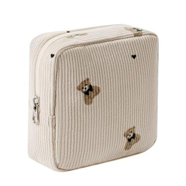 Imagem de RSRSLEII Linda bolsa de maquiagem de veludo cotelê com zíper para bolsa, bolsa estética Coquette com estampa de urso para mulheres e meninas, bolsa de batom com bolso para chave, porta-cartões