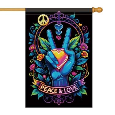 Imagem de Starlit Patio Bandeira Peace Love House 71 x 101 cm neon mão coração jardim bandeira dupla face hippie quintal banner exterior varanda gramado decoração brilhante colorido V flor arte design casa